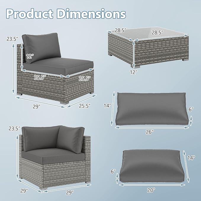 Tangkula 5-Piece Outdoor Patio Sectional Sofa Couch, PE Rattan Conversation Set w/Glass Coffee Table & Cushions, Outdoor Furniture Set w/Sturdy Metal Frame for Garden Poolside Backyard