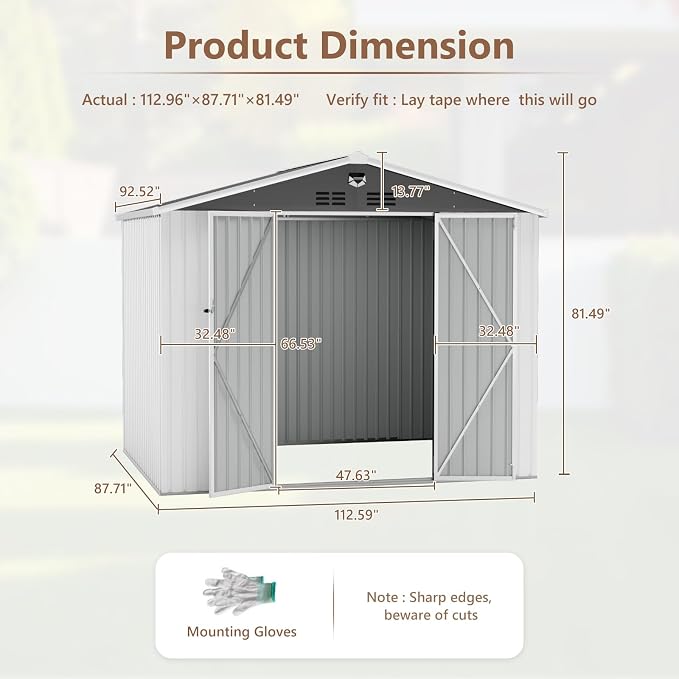 10X8 FT Outdoor Storage Shed, Metal Garden Shed - Tool Storage Sheds with Lockable Doors, Waterproof Outside Storage Building for Backyard, Patio (White; Floor Not Included) - Image 3