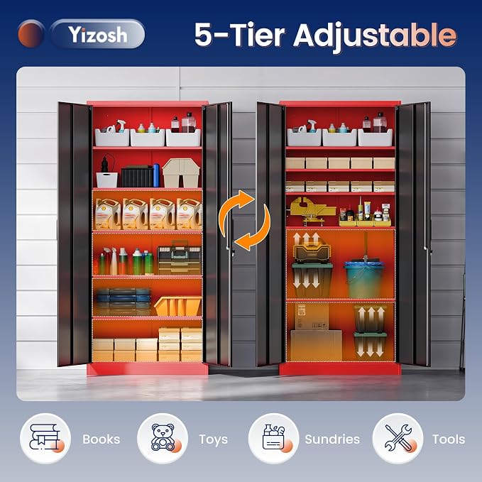 Yizosh Metal Storage Cabinet with Lock Doors and 5 Adjustable Shelves,- 72" Garage Storage Cabinet for Home,Office,Garage,School - Image 7