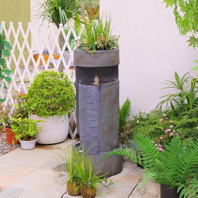 35.9" Tall Modern Indoor/Outdoor Water Fountain with LED Lights and Pump, Freestanding Cascading Waterfall Feature for Garden, Patio, Porch, Yard & Deck Décor – Gray