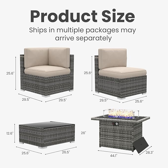 8 Pieces Patio Furniture Set with 44" Propane Gas Fire Pit Table, Outdoor Sectional Wicker Conversation Sofa Sets with Coffee Table