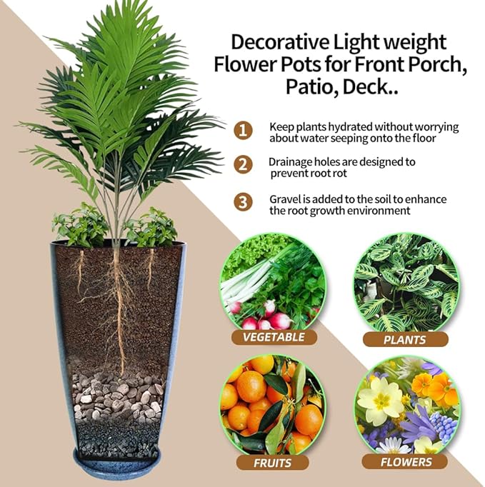 2 Pcs Pack 21 Inches Plastic Resin Tall Tapered Planter Pots Large Round Planter Flower Pot with Drainage Holes for Indoor Outdoor Deck Porch Garden Home Patio Front Door (Blue, L)