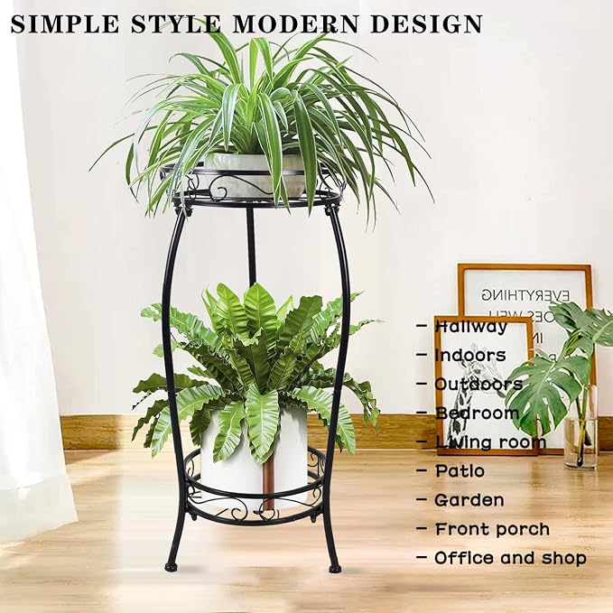 MOCORY Plant Stand Indoor Outdoor 2 Tier 25" Tall Metal Potted Holder Flower Pot Stand Heavy Duty Plant Shelf Rustproof Iron Multiple Plant Round Supports Rack for Planter Corner Garden Balcony Patio - Image 2
