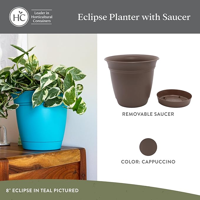 The HC Companies 6 Inch Eclipse Round Planter Pots with Drainage Holes & Attached Saucer, Lightweight UV-Resistant Plastic Indoor & Outdoor Planters, 4-Pack Flower Pots, Garden Home Decor, Cappuccino