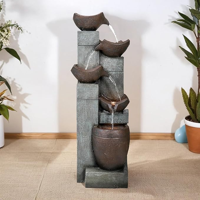 SunJet 5-Tier Modern Water Fountain, Outdoor/Indoor Resin Water Fountains with Soothing Water Sounds & Warm LED Light, Perfect for Garden, Patio, Home & Office, 13.7" L x 13.3" W x 39.7" H