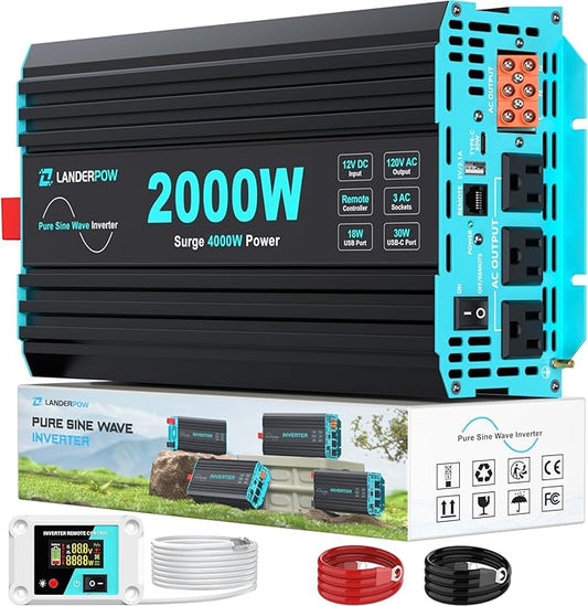 Pure Sine Wave Inverter 2000 Watt, 12V DC to 120V AC Inverters for RV, Truck, Solar, Home, Power Inverter with 3 AC Outlet, 30W USB-C, 5V 3.1A USB, Hardwire Port, Remote Control, Surge 4000W by Unknown