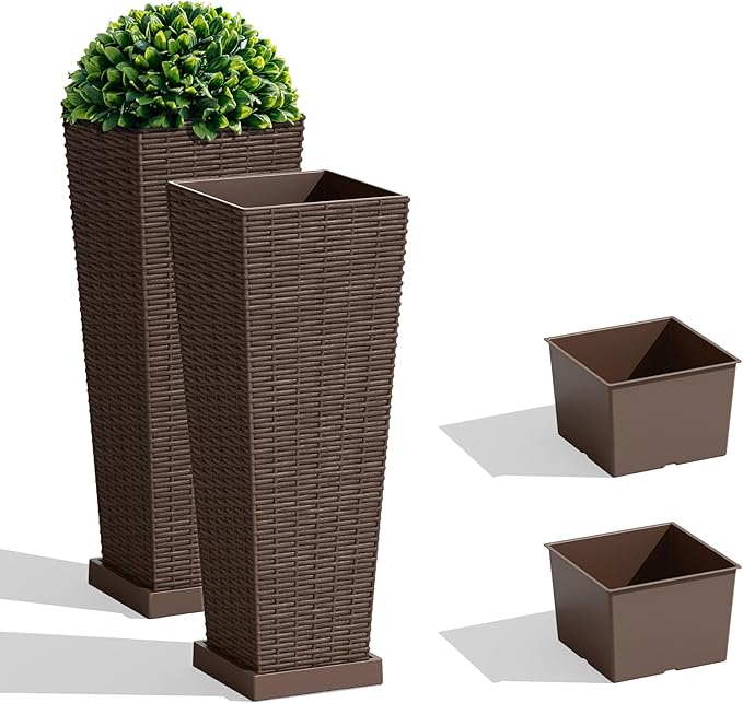 JUMMICO Set of 2 Resin Rattan Tall Planters for Outdoor Plants, Large Tapered Planters with Drainage Holes, Inner Trays and Outer Saucers, Flower Pots for Garden, Patio, Porch, Backyard (Brown, 24")