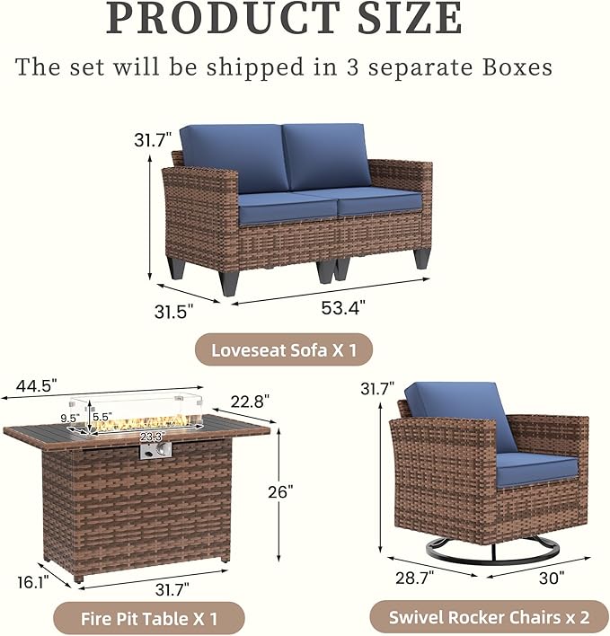 UDPATIO 5 Pieces Patio Furniture Set with Fire Pit Table, Outdoor Conversation Set with Rocking Swivel Chairs, Wicker Furniture Set with Waterproof Cover, 4'' Thickened Cushion, Navy