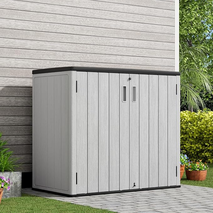 KINYING Outdoor Horizontal Storage Sheds,37 Cu.ft Outdoor Storage Cabinet Waterproof Resin Tool Storage Box for Lawn Mower,Garden Tools and Patio Furniture, Lockable (Grey) - Image 2
