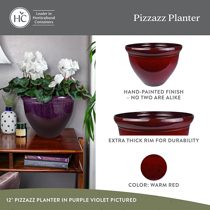 The HC Companies 16 Inch Pizzazz Round Planter Pots with Ceramic Look, Lightweight UV-Resistant Plastic Indoor & Outdoor Planters, 2-Pack Flower Pots for Garden & Home Decor, Warm Red