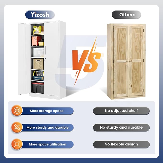 Yizosh Metal Garage Storage Cabinet with 2 Doors and 5 Adjustable Shelves - 71" Steel Lockable File Cabinet,Locking Tool Cabinets for Office,Home,Garage,Gym,School (White) - Image 8