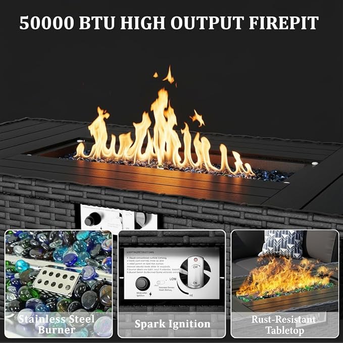 8 Pieces Outdoor Patio Furniture Set with 44" Fire Pit Table Black Rattan Sectional Conversation Sets w/Gas Fire Pit, Coffee Table, 1 Waterproof Covers, Khaki