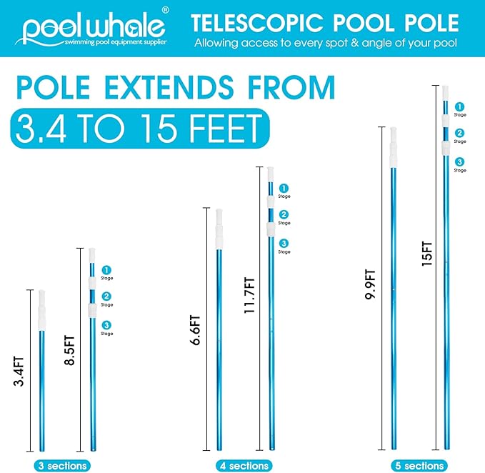 POOLWHALE Premium 15 Foot Telescopic Swimming Pool Pole, Adjustable 3 Piece Extendable Pool Cleaning Pole, Blue Anodized Aluminum - for Skimmer Nets, Vacuum Heads and Brushes - Image 2