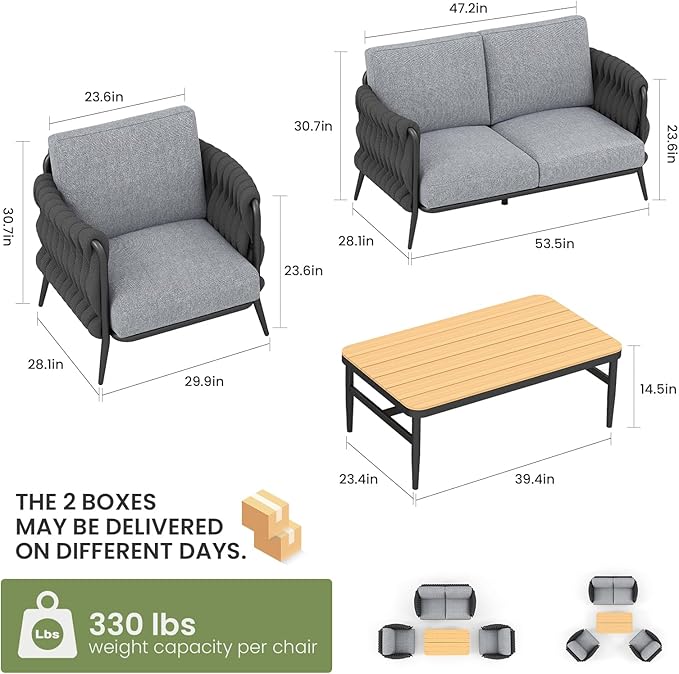 Outdoor Patio Sofa Set 5-Piece, Outdoor 4-Seat Couch Set with Coffee Table, Waterproof Thick Cushion Patio Conversation Set, All Weather Outdoor Furniture for Deck, Lawn, Balcony