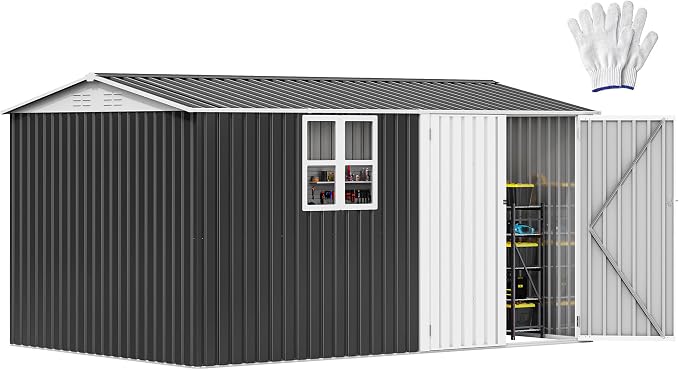 DWVO 12x8ft Large Tool Storage Shed with Window, Lockable Doors, and Sloped Roof, Oversized Steel Outdoor Storage Shed for Garden, Patio, Garage, Backyard, Lawn(Gray + White) by DWVO