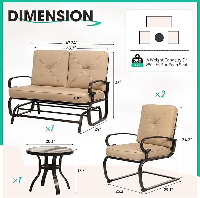 Incbruce 4Pcs Outdoor Metal Furniture Patio Conversation Sets (Glider, Bistro Table, 2 Spring Lounge Chairs) - Wrought Iron Outdoor Glider Chairs Sets (Brown)
