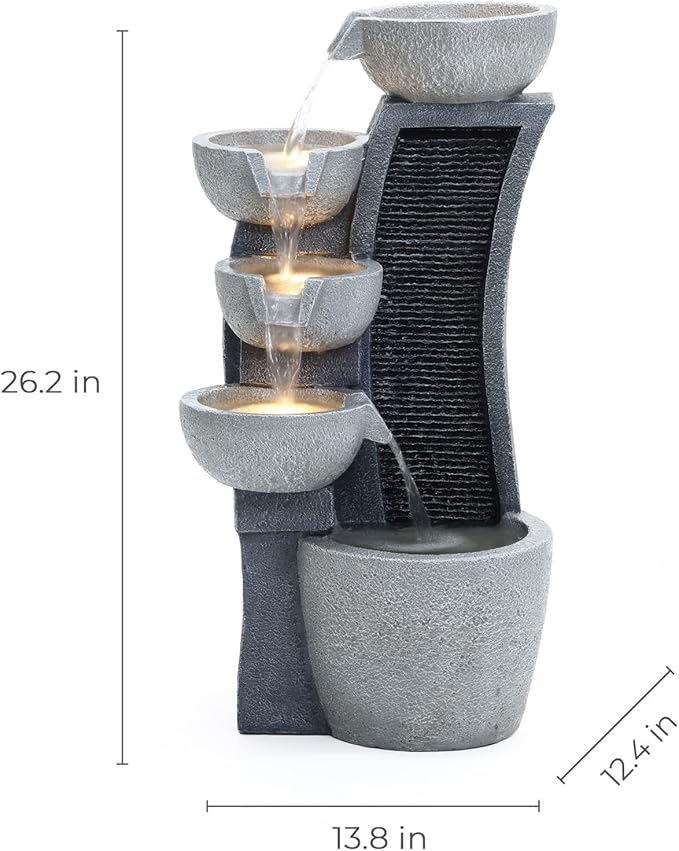 LuxenHome Water Fountain Outdoor, 26 Inch Resin Cascading Bowl Water Fountains Indoor with LED Lights, Modern Garden Decor, Small Waterfall Fountain, Outdoor Fountains and Waterfalls Garden Decor