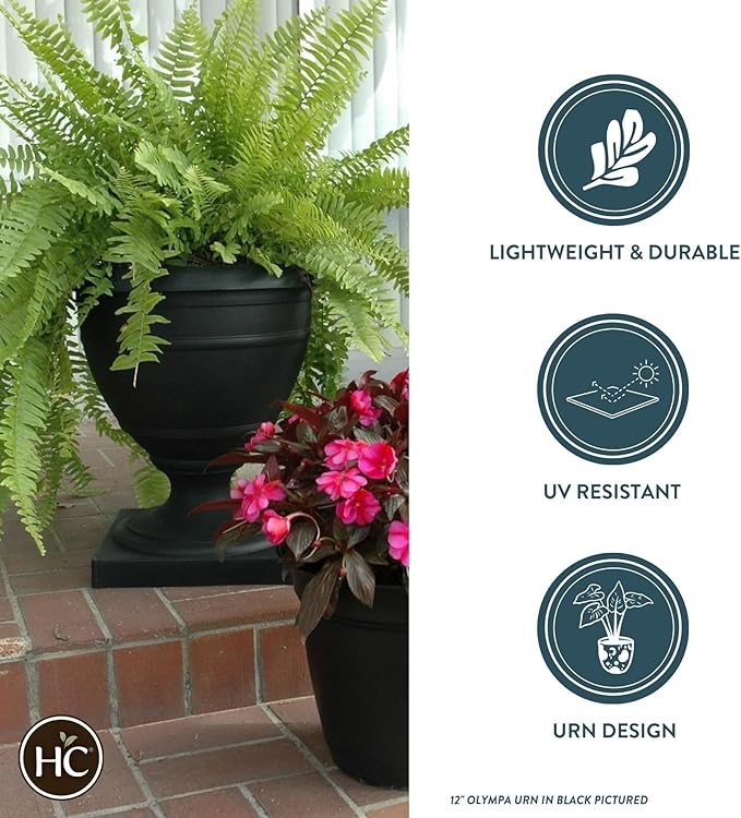 The HC Companies 18 Inch Tall Olympia Plastic Urn - Lightweight Outdoor Plastic Plant Pot for Flowers, Black