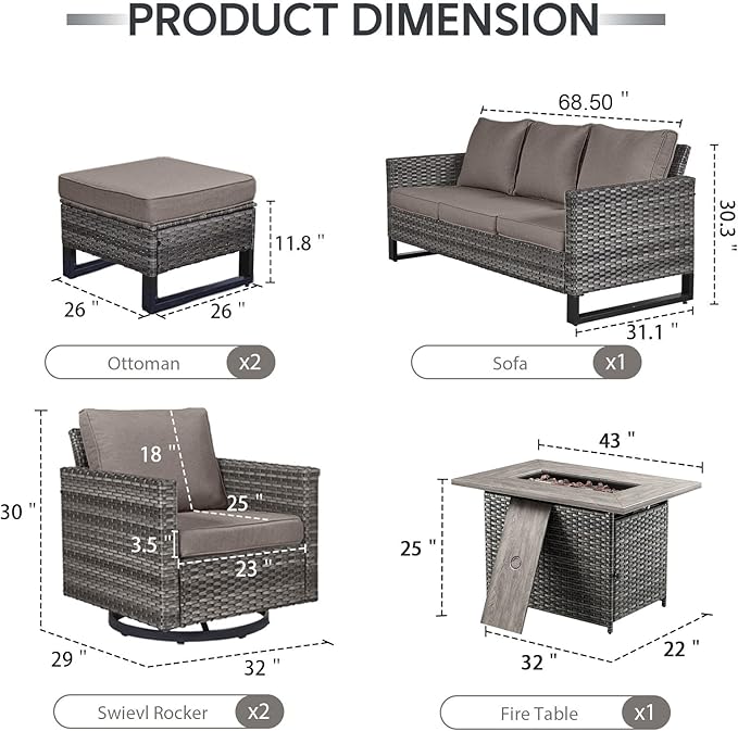 6 Piece Wicker Patio Furniture with Fire Pit Table - Outdoor Conversation Set with 50,000 BTU Fire Pit, All Weather Rattan Patio Set for Deck Backyard Garden - Grey Wicker Grey Cushion