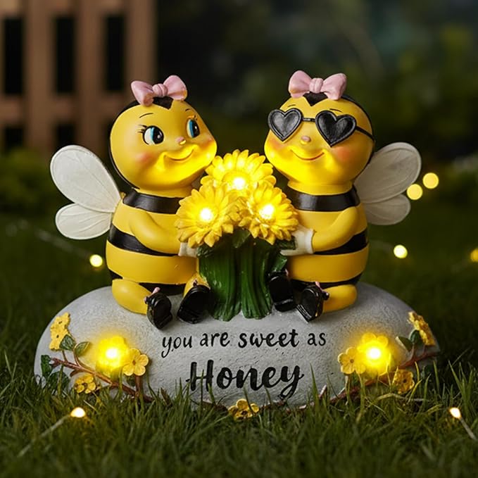 Solar Bee Lights Garden Statues 5.5" Resin Bee Figurine Waterproof Yard Lawn Patio Decorations Birthday Housewarming Gifts for Mom Wife Women Honeybee Decor Garden Sculptures with Sunflowers