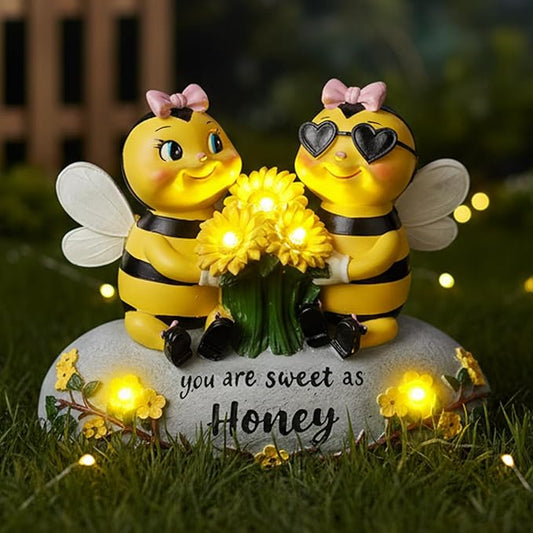 Solar Bee Lights Garden Statues 5.5" Resin Bee Figurine Waterproof Yard Lawn Patio Decorations Birthday Housewarming Gifts for Mom Wife Women Honeybee Decor Garden Sculptures with Sunflowers