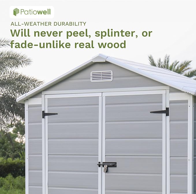 Patiowell 6x4 FT Resin Outdoor Storage Shed with Floor, Plastic Storage Shed with Lockable Door, Outside Shed Perfect to Store Patio Furniture, GardenTools Bike Accessories, Lawn Mower, Light Gray - Image 6
