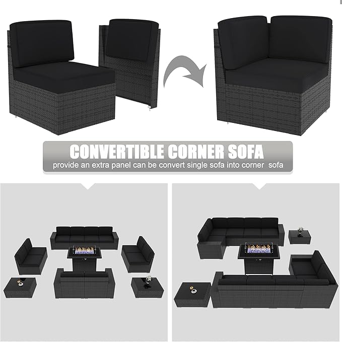 LayinSun 13 Pieces Outdoor Patio Furniture Set with 44" Fire Pit Table Rattan Sectional Sofa Conversation Sets
