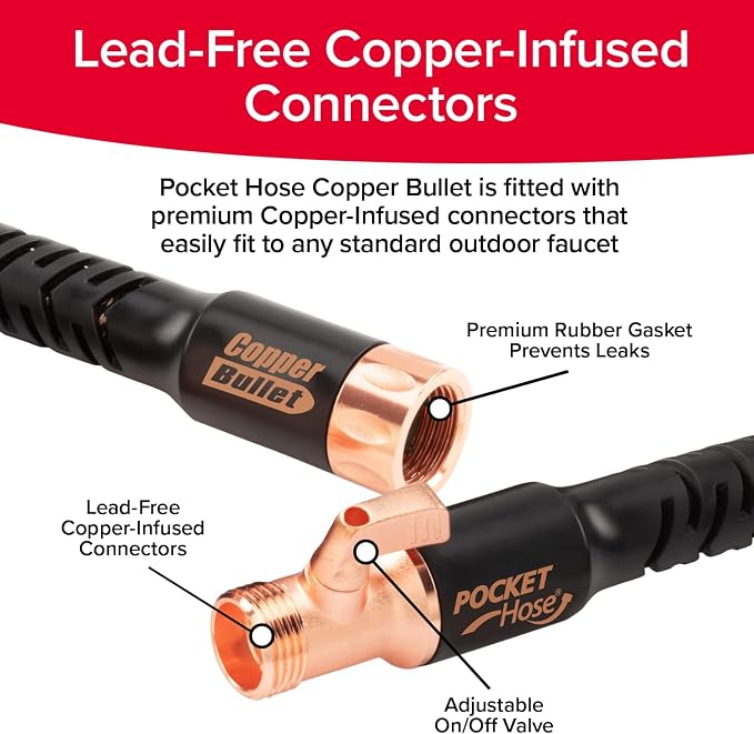 Pocket Hose 50 FT Copper Bullet Expandable Garden Hose w/10 Pattern Thumb Spray Nozzle AS SEEN ON TV 650psi 3/4 in Patented Lead-Free Ultra-Lightweight Solid Copper Anodized Aluminum - Image 5