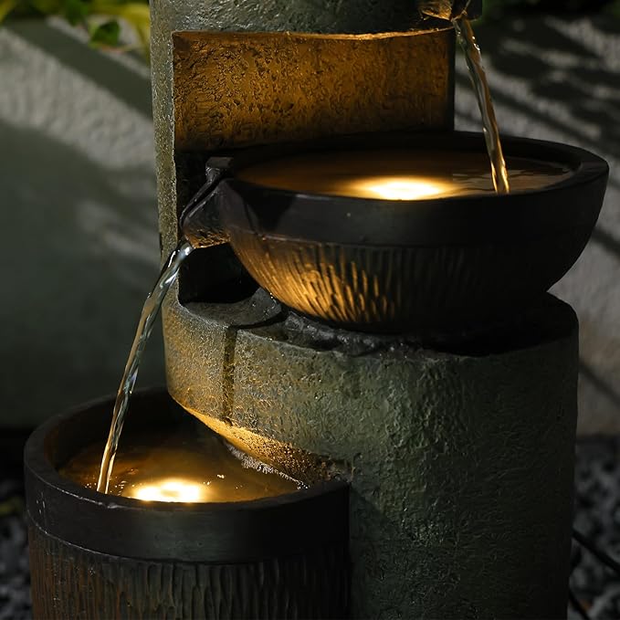 3-Tier Natural Bowl Cascading Garden Water Fountain with LED Lights - Water Fountain Outdoor Indoor Decor for Garden, Patio, Deck, Porch and Office Living Room Home Art Decor 10"x9"x20"