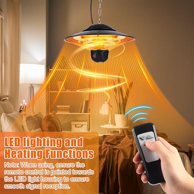 1500w Ceiling Mounted Outdoor Heaters Electric Hanging Infrared Patio Heater with Remote Control, Dust Cover and Adjustable Chain, 3 Adjustable Modes for Garage, Gazebo, Balcony, Courtyard
