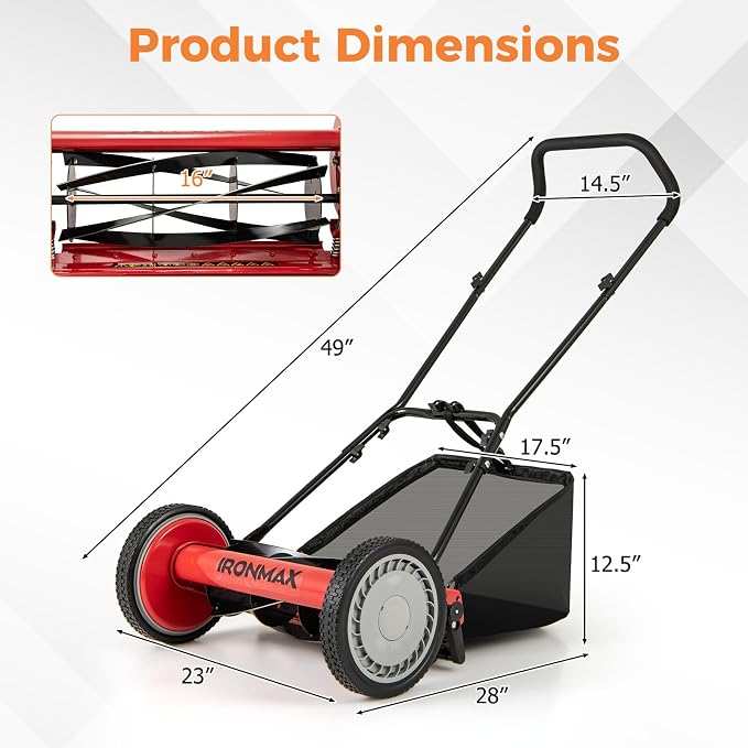 IRONMAX Lawn Mower, 16 Inch Push Reel Lawn Mower with 5 Steel Blades, Adjustable Cutting Heights, Grass Catcher Bag, Walk-Behind Manual Lawnmower for Garden Park Yard, No Motor (Red, 16 Inch) - Image 3