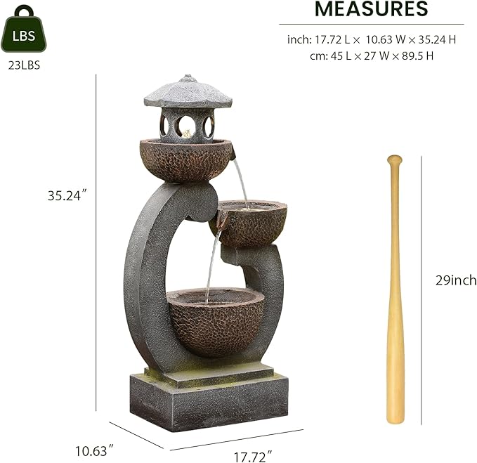 36 inches Garden Water Fountain Outdoor Zen Pagoda Japaness Modern Tranquil Waterfalls Fountains Bowl with LED Lights & Pump for Patio Yard Porch Deck Home Decor Gray