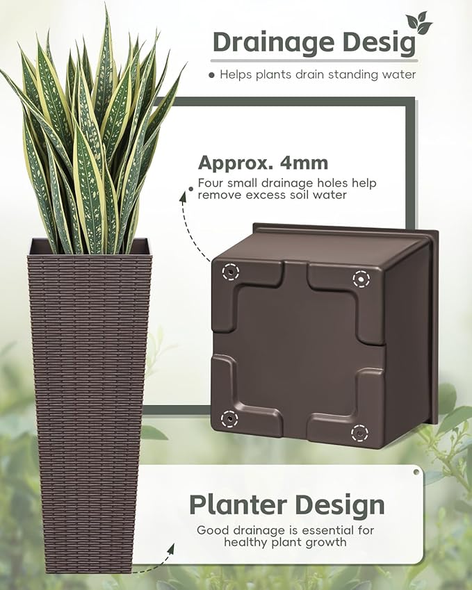 32 Inch Tall Plastic Planters(Set of 2), Detachable Inner Pot & Drainage Holes, Outdoor Decorative Flower Pots for Large Plants, Trees, Patio, and Garden, Brown