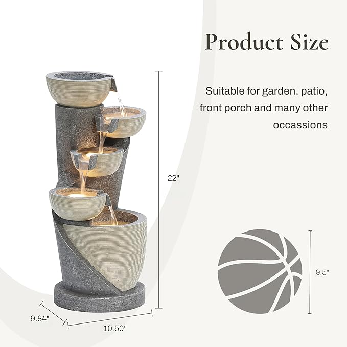LuxenHome 22" Small Water Fountain Outdoor, Modern Resin Cascading Waterfall Fountains, Garden Fountain with Lights Garden Decor, Outdoor Water Fountains for Patio, Yard
