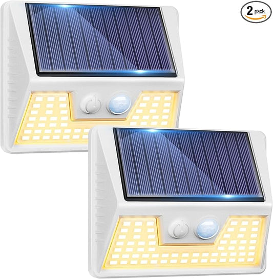 2Pack White Solar Lights Outdoor Motion Sensor, 3000K Warm Light/3 Lighting Modes, IP65 Waterproof Solar Powered Wall Lights Outside for Garden Fence Backyard Deck Driveway
