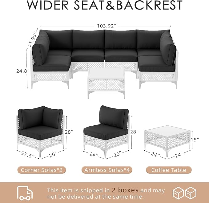 Vikiullf Patio Conversation Set, 7 Piece Outdoor Sectional Sofa Set with Coffee Table, White Wicker with Grey Cushions (White and Grey, 7 piece)