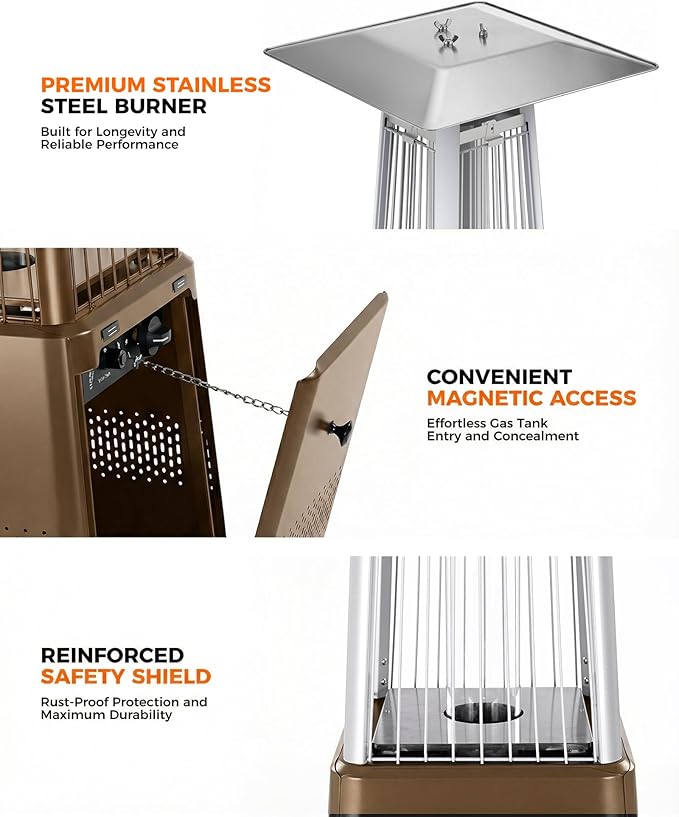Pyramid Patio Heater, 50,000 BTU Outdoor Patio Heater, Propane Heater With Quartz Glass Tube & Wheels for Outdoor Use, Backyard, Commercial & Residential, Triple Protection System, Brown