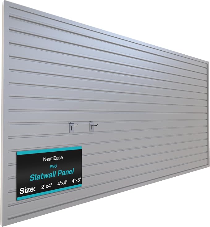 NeatiEase Slatwall Panel Wall Storage Systems, 4 x 8ft Slat Wall Paneling Garage Wall Organizer, Heavy Duty Wall Mounted PVC Wall Rack (Gray) by NeatiEase