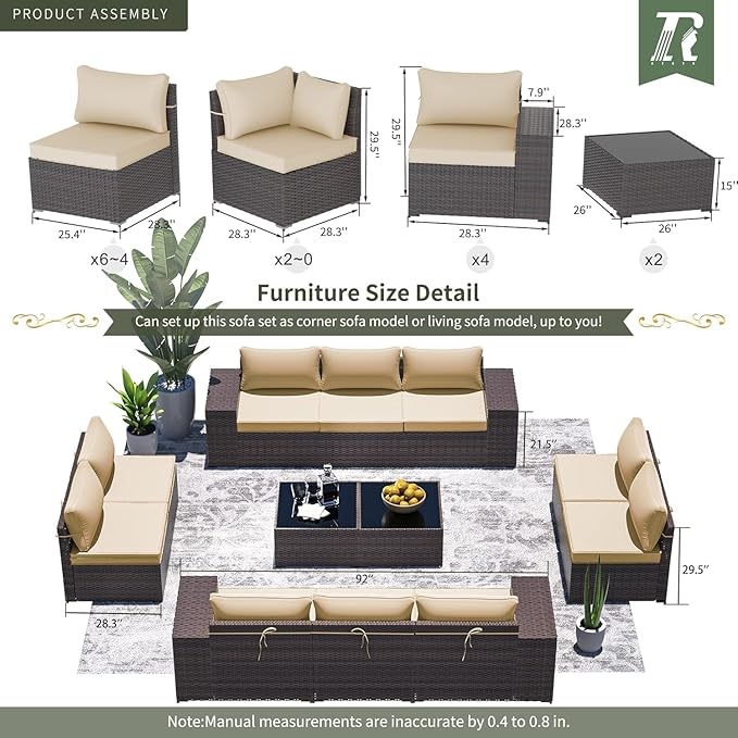 12 PCS Outdoor Patio Furniture Set,Outdoor Sectional Furniture All Weather PE Rattan Wicker Patio Conversation Set with 2 Coffee Tables and 10 Thickened Cushions,Sand
