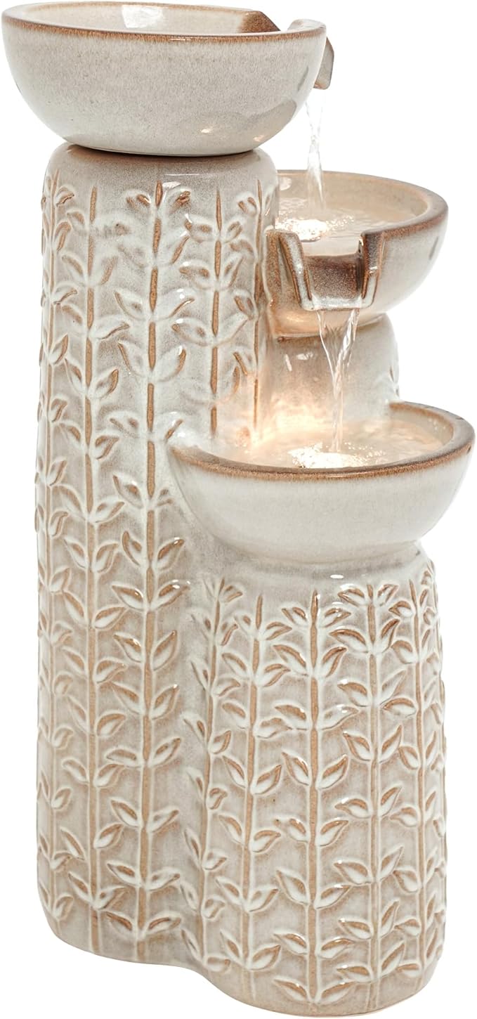 28" H Ceramic Outdoor Water Fountain with LED Lights, 3-Tier Cascading Bowls Water Feature, Tranquil Waterfall for Relaxing Garden, Patio, Yard, or Porch, Beige Glaze, Embossed Leaf Patterns