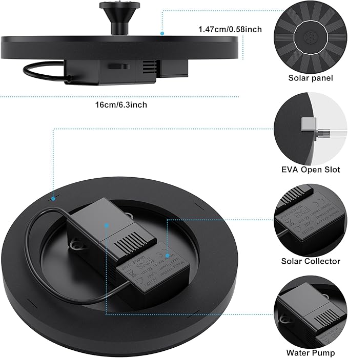 Solar Water Fountains,Solar Powered Bird Bath Fountain with 6 Nozzles - Free Standing Floating Solar Fountains for Bird Bath, Garden, Pond, Pool (Black-1.4W)
