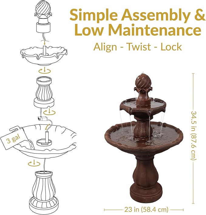 Sunnydaze 35" Solar 2-Tier Outdoor Water Fountain - Outdoor Water Fountain with Battery Backup and Pump - Rust