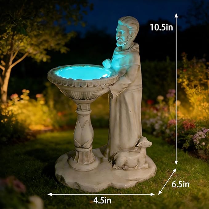 St Francis Garden Statue Outdoor Solar Garden Decor Resin Colorful Lights St Francis Statue with Bird Bath Feeder for Yard Patio Lawn Decoration Religious Gardening Gifts 4.5 * 6.5 * 10.5 in