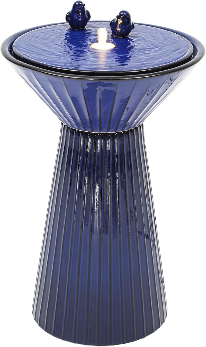 28" Tall Ceramic Outdoor Fountain and Waterfalls, Patio Fountain with LEDs, Birdbath for Outside, Soothing Water Feature for Relaxing Front Porch, Garden, Backyard, Cobalt Blue, 2KD Birds
