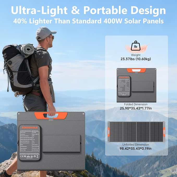 SOKIOVOLA 400W Portable Solar Panel for EF/Jackery/Bluetti/Anker Power Station,Ultra-Lightweight ETFE Foldable Solar Panel,25% High Efficiency,MC4 Output,for Outdoor Camping, Emergency Power Supply - Image 3