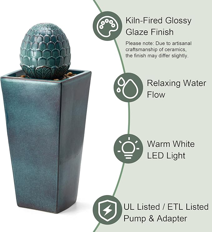 Glitzhome 35.75" H Tall Ceramic Outdoor Water Fountain with LED Light Oversized Artichoke Pedestal Fountains with Submersible Pump Patio Fountain Waterfall for Garden Patio Deck Porch, Turquoise
