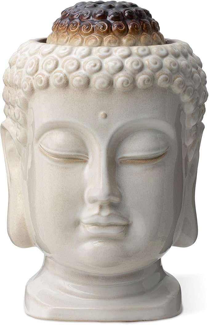 Glitzhome Buddha Head Ceramic Outdoor Fountain with LED Lights, Zen-Style Outdoor Water Fountains for Porch Deck Garden Patio Backyard, Sand Beige Textured Glaze Floor Table Water Fountain, 18.75" H