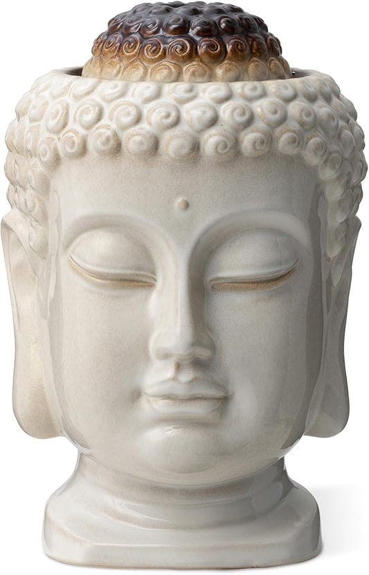 Glitzhome Buddha Head Ceramic Outdoor Fountain with LED Lights, Zen-Style Outdoor Water Fountains for Porch Deck Garden Patio Backyard, Sand Beige Textured Glaze Floor Table Water Fountain, 18.75" H