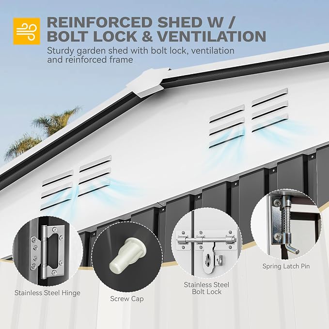 DWVO 12x8ft Large Tool Storage Shed with Window, Lockable Doors, and Sloped Roof, Oversized Steel Outdoor Storage Shed for Garden, Patio, Garage, Backyard, Lawn(Gray + White) - Image 6