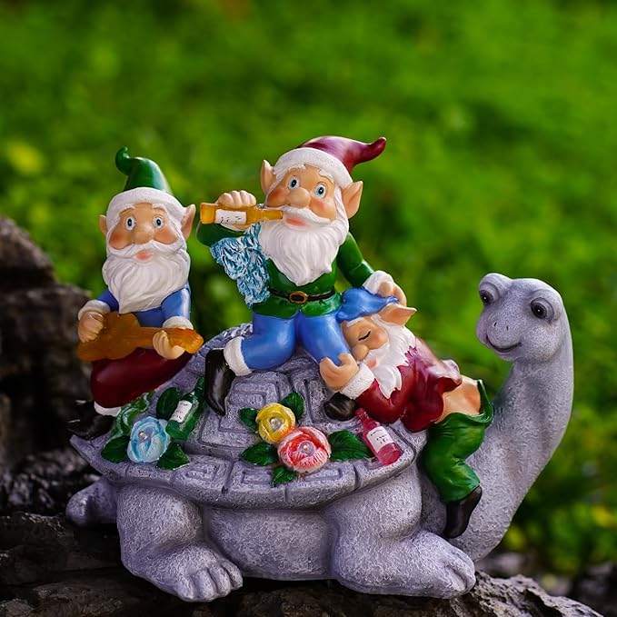 Solar Garden Outdoor Statues Gnome Turtle Three Gnomes Having Party on Turtle with 7 LED Lawn Decor Outside Decorations for Patio, Balcony, Yard Ornament Unique Garden Gift